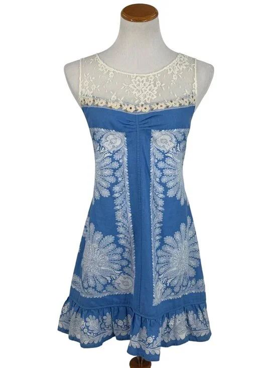 VTG Free People Crystallized Linen Crochet Lace Yoke Paisley Mini Shift Dress 10 - Picture 2 of 16